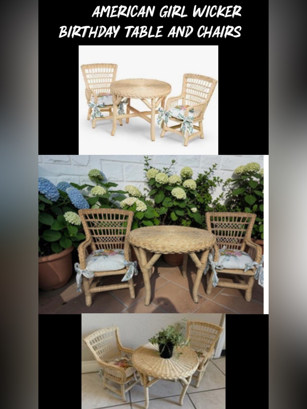 American Girl Wicker Bistro Set with Floral Cushion Ties - Natural Beige